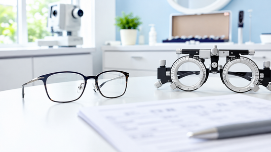 Glasses and optical equipment beside an unreadable prescription sheet