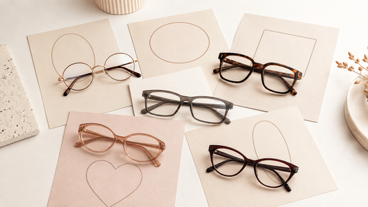 Different eyeglass frames arranged with abstract face shape outlines