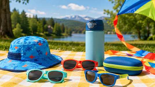 Colourful children's sunglasses with outdoor accessories