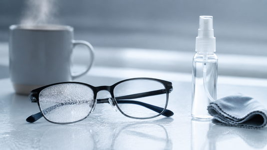 Fogged eyeglass lens with lens-safe anti-fog care supplies