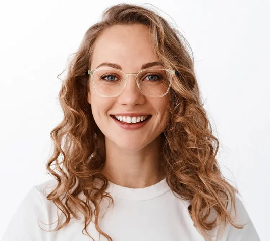 Model wearing Axel Clear glasses – virtual try-on