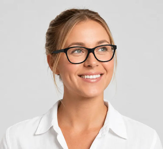 Female model wearing Dante black cat-eye glasses – virtual try-on