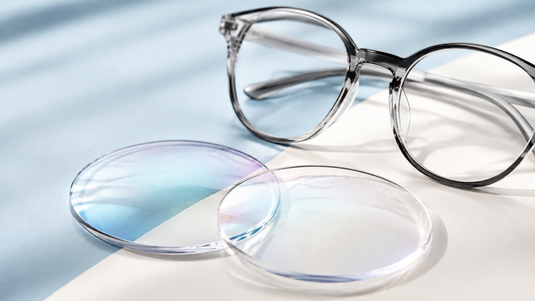 Clear prescription lenses illustrating eyeglass lens types and coatings