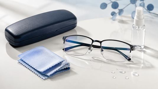 Eyeglasses with a case, cleaning cloth and lens-care supplies
