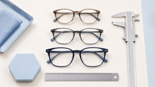 Three eyeglass frame sizes with precision measuring tools