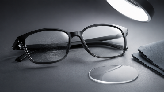 Scratched eyeglass lens beside a clear replacement lens