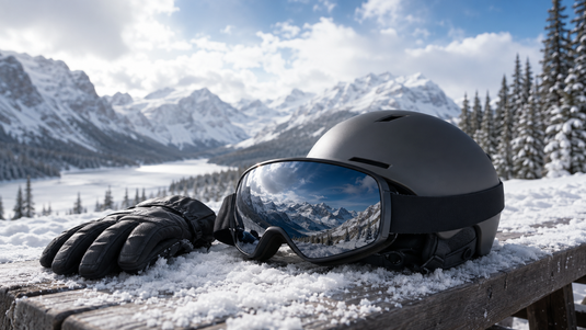 Ski goggles, helmet and gloves at a snowy mountain resort