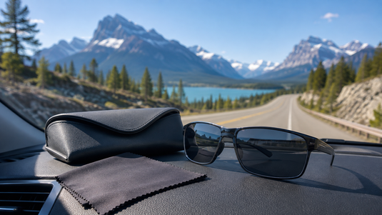 Driving sunglasses and case on a car dashboard in daylight