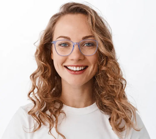 Model wearing Bex Blue glasses – virtual try-on